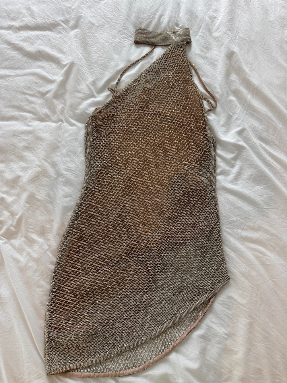 Retrofete Taupe Knit Mesh Halter Mini Dress